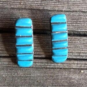 Turquoise Stud Blue Women Earrings Sterling Silver Vintage Rare